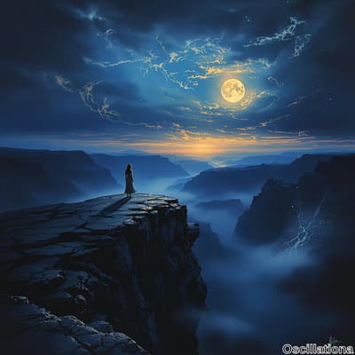 A solitary figure in a flowing white gown stands on a rugged cliff at twilight, overlooking a deep canyon.