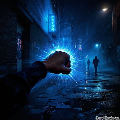 A dark urban alley at night, bathed in neon and street lamp light, exudes a futuristic cyberpunk vibe with a dominant blue hue.