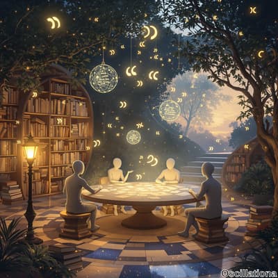 Four abstract figures gather around a circular table at dusk, surrounded by lush green foliage and warm, magical lights.