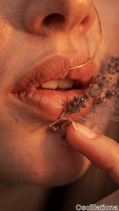 A macro shot of parted lips holding a small lavender flower touched by a fingertip, with delicate smoke swirling under warm golden light.