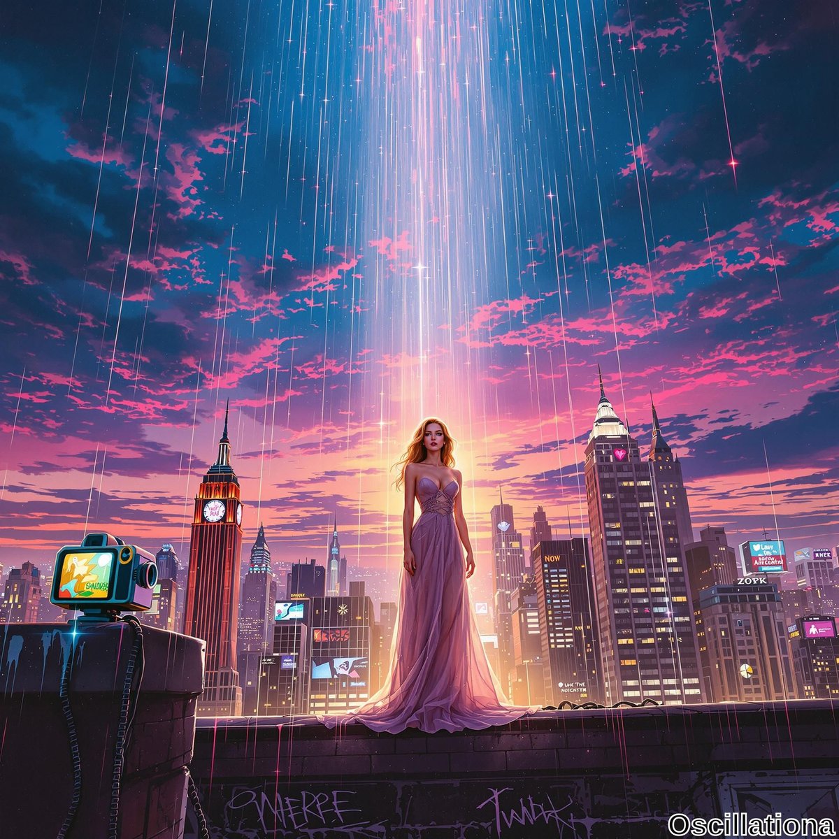 A woman in a flowing lavender gown stands on a graffiti-covered ledge in a futuristic cityscape at dusk, illuminated by a beam of light from the sky.