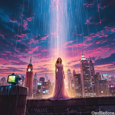 A woman in a flowing lavender gown stands on a graffiti-covered ledge in a futuristic cityscape at dusk, illuminated by a beam of light from the sky.