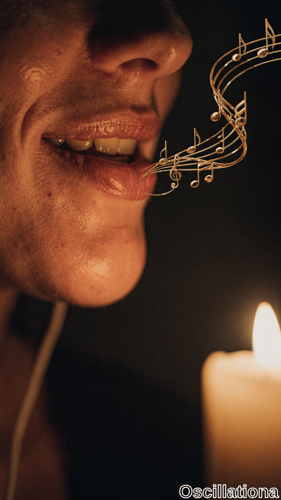 A close-up of a person's lower face, mouth slightly open in a relaxed smile, bathed in warm candlelight from a lit candle in the bottom right corner