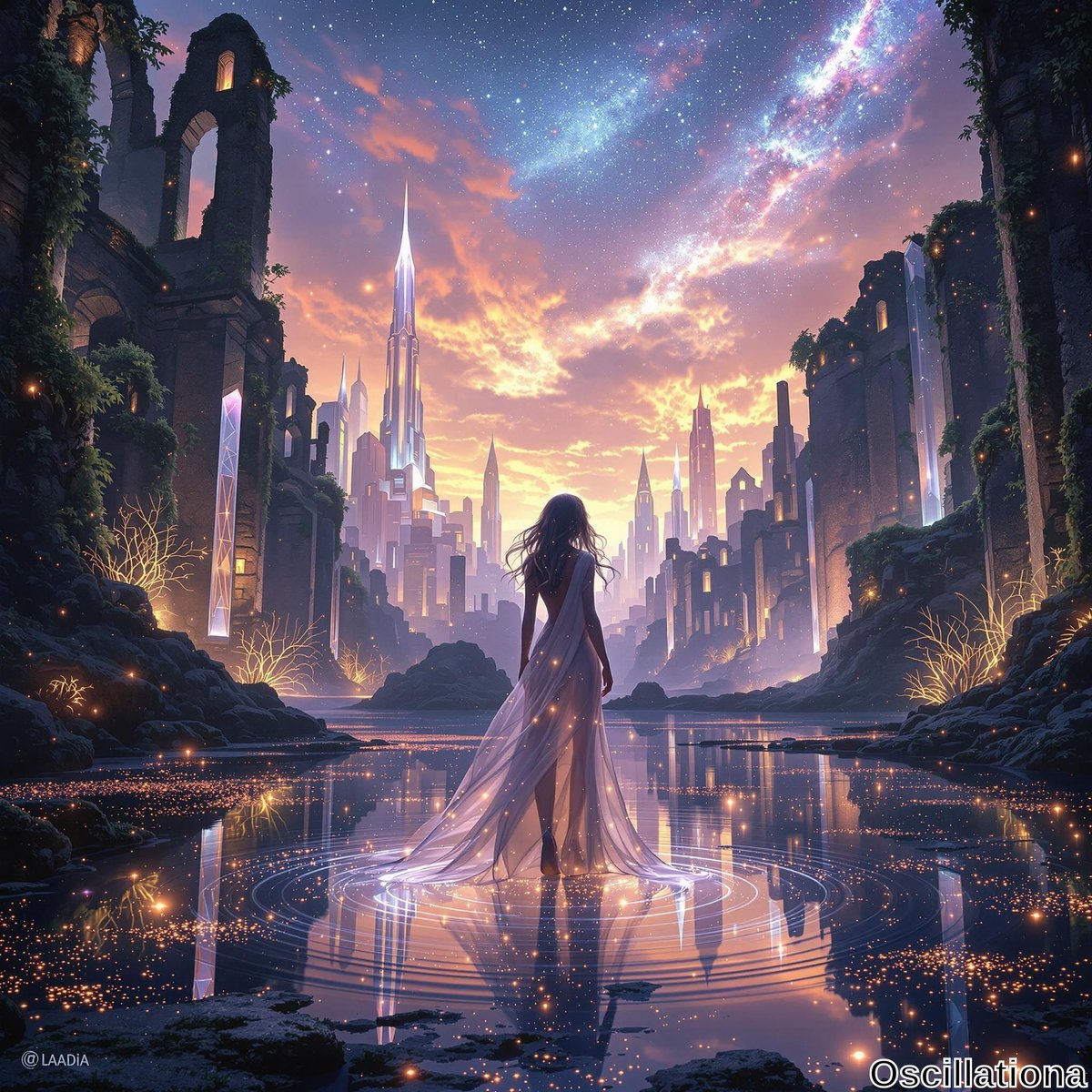 A lone female figure in a flowing, translucent gown stands in shallow water at dusk, contemplating a futuristic cityscape.