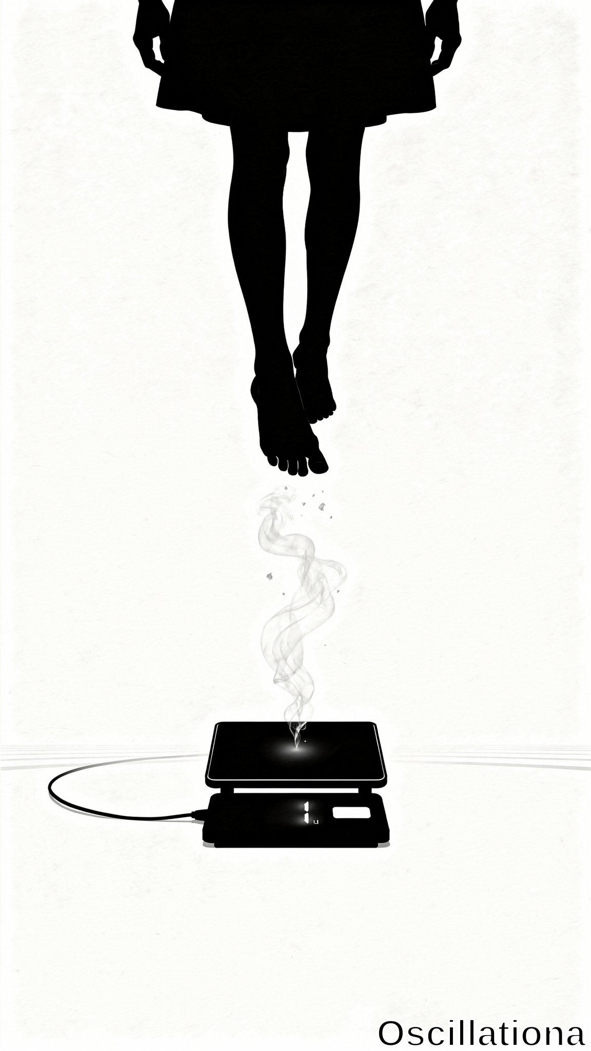 A black silhouette of legs in a skirt hovers barefoot above a laptop releasing swirling vapor from its screen. Minimalist monochrome composition with a surreal, digital atmosphere.