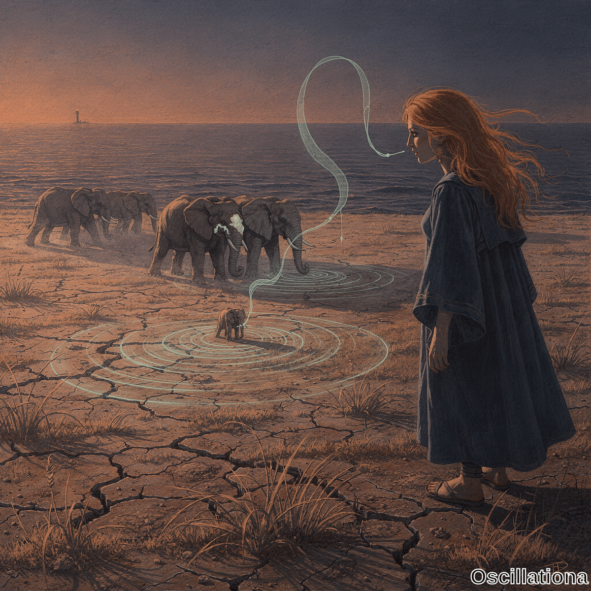Surreal painting of woman emitting turquoise energy from mouth to baby elephant on cracked shoreline with herd of elephants to sea and lighthouse in twilight. 
.