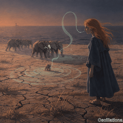 Surreal painting of woman emitting turquoise energy from mouth to baby elephant on cracked shoreline with herd of elephants to sea and lighthouse in twilight. 
.