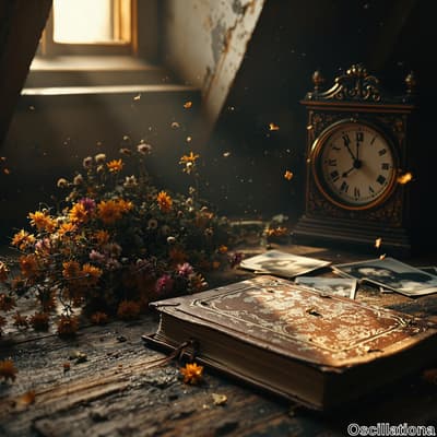 A nostalgic attic scene bathed in golden sunlight streaming through a window, highlighting dust particles in the air.