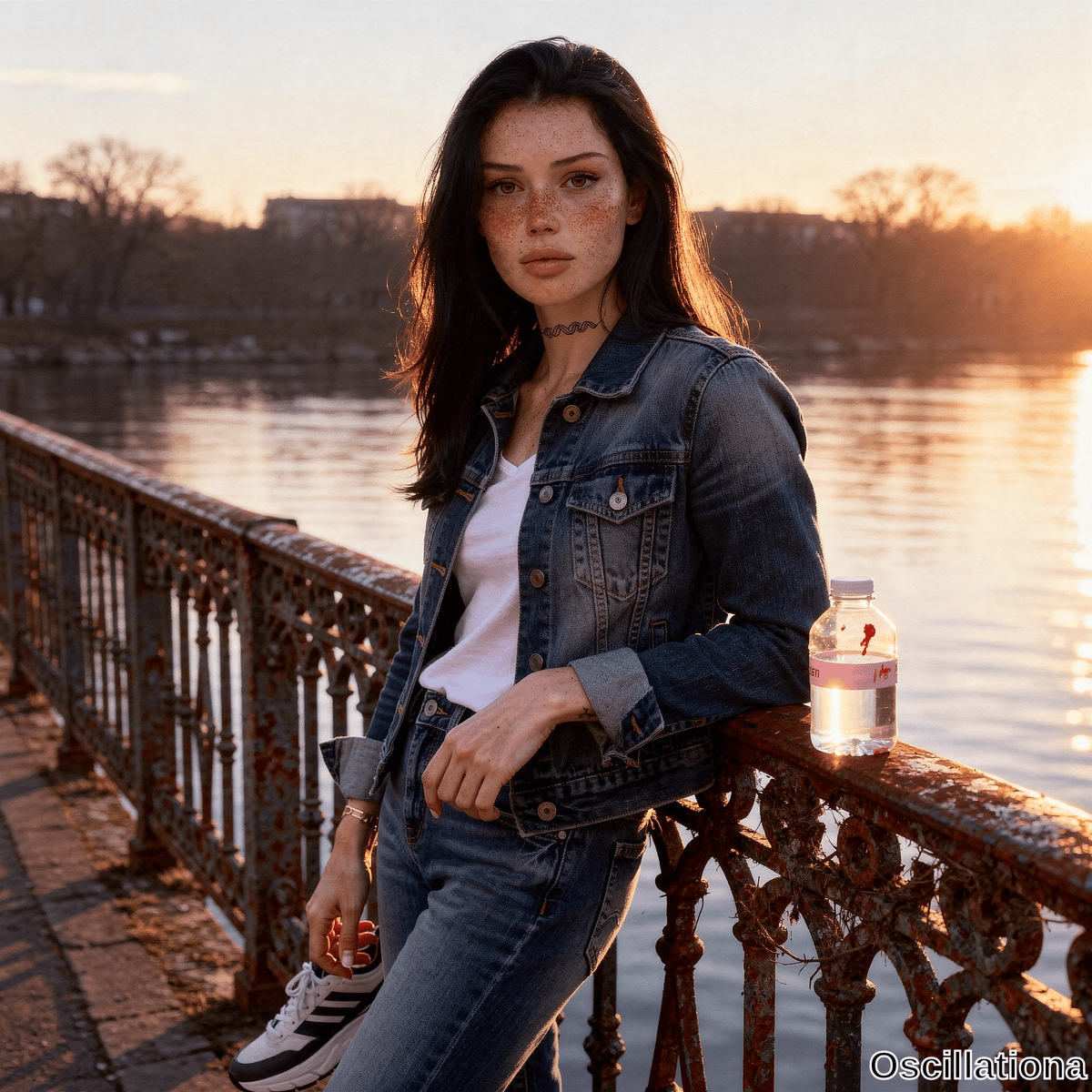 Young freckled woman with long wavy hair and light brown eyes leans on ornate rusted railing on bridge at golden hour looking neutrally at camera. 
The cinematic sunset creates glowing rim light on her hair and the calm reflective river