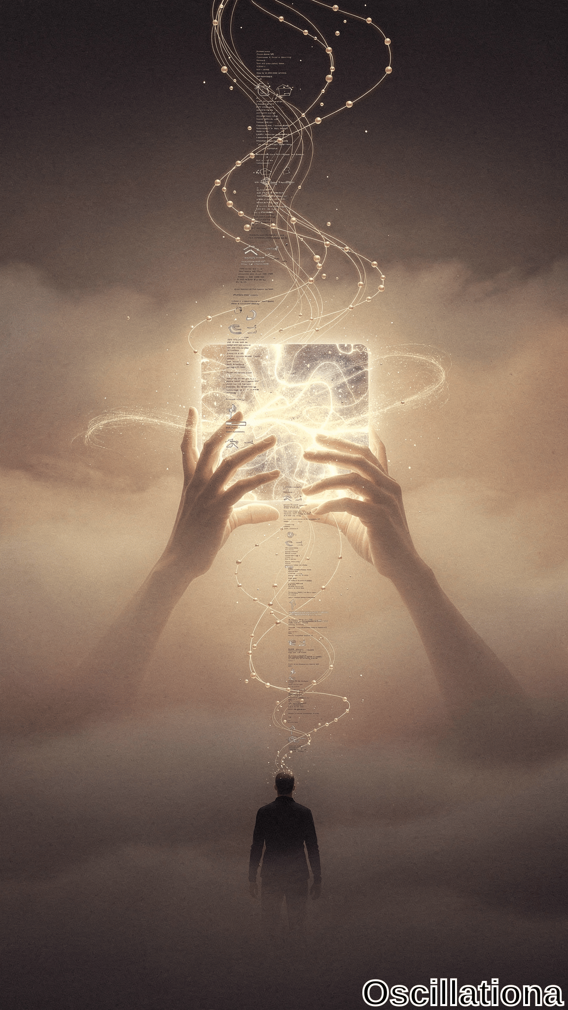 In a surreal scene, two hands emerge from mist, holding a glowing, transparent cube that emits bright, ethereal light and energy