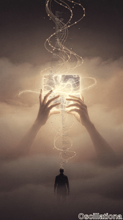 In a surreal scene, two hands emerge from mist, holding a glowing, transparent cube that emits bright, ethereal light and energy