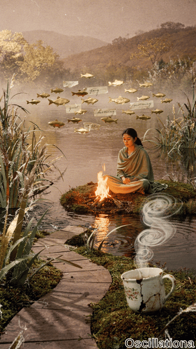 Sepia-toned misty dawn landscape: serene East Asian woman in olive sari meditates by campfire on mossy pond island; gold fish tagged "quiet," "morning," "joy" swim mid-air; foggy autumn trees