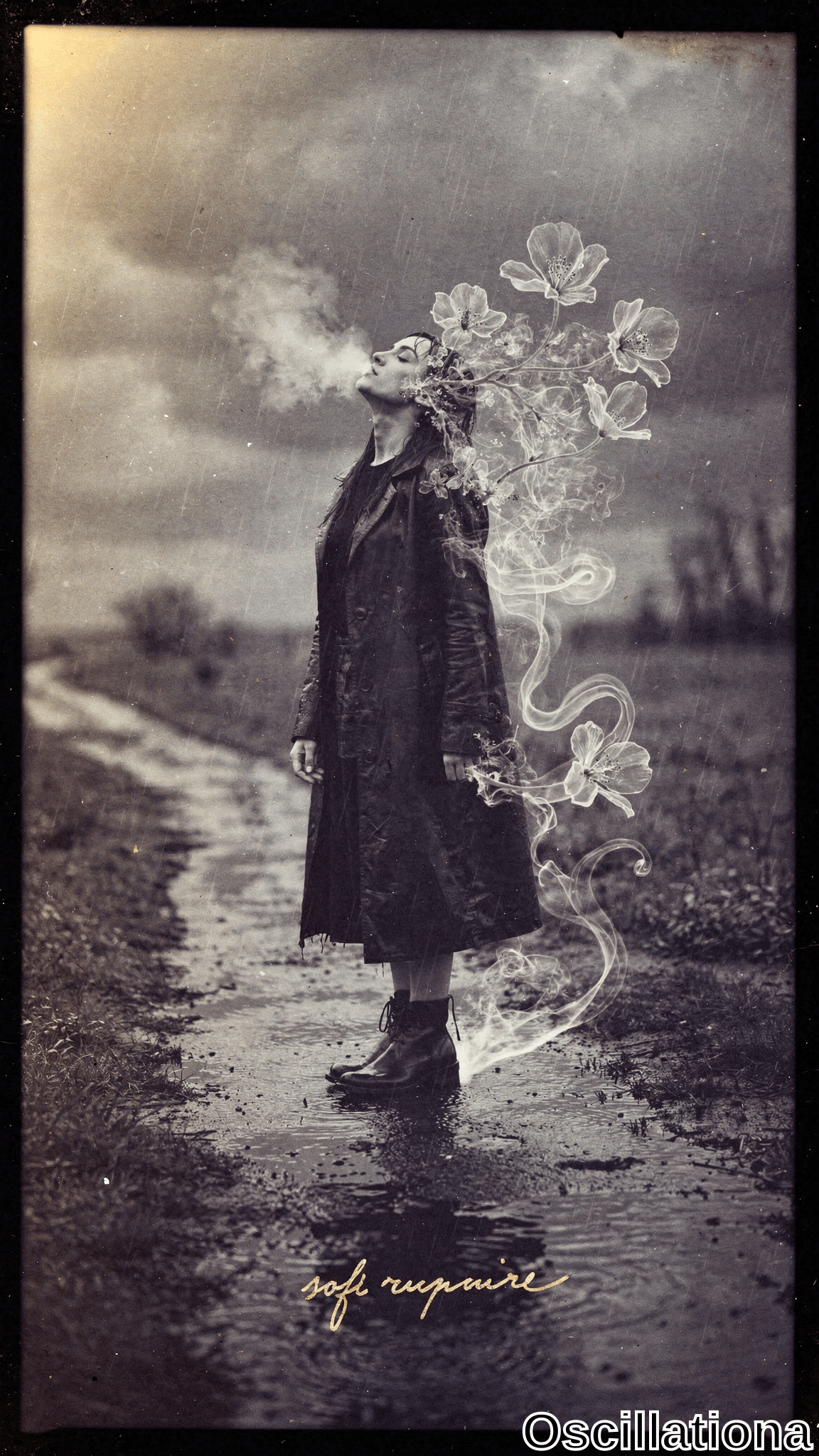 Vintage sepia-toned photo with vignette and aged texture: young woman in profile on muddy road in pouring rain and fog exhales thick smoke morphing into ethereal translucent white poppy flowers crowning her wavy hair, swirling around