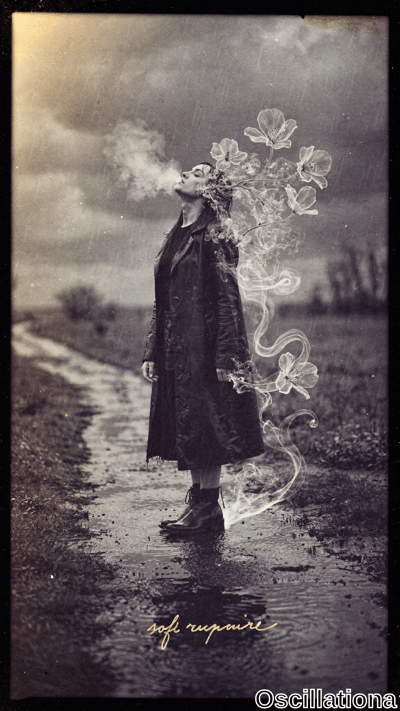 Vintage sepia-toned photo with vignette and aged texture: young woman in profile on muddy road in pouring rain and fog exhales thick smoke morphing into ethereal translucent white poppy flowers crowning her wavy hair, swirling around
