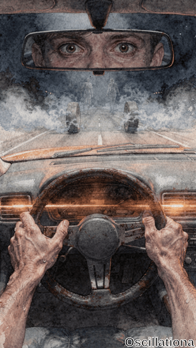 Tense horror watercolor from driver's POV in rusty 1970s muscle car at night: pale veiny elderly hands sweatily grip worn black steering wheel under orange dashboard glow; rearview shows bulging hazel eyes in fear; foggy