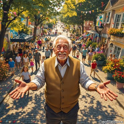 A vibrant street scene on a sunny day, filled with diverse groups of people enjoying a lively town.