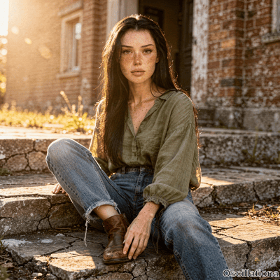 Freckled young woman with long chestnut hair in olive blouse and jeans sits calmly on stone steps by brick building during golden hour with lens flare. 
The scene has a serene cinematic feel with warm rim light.