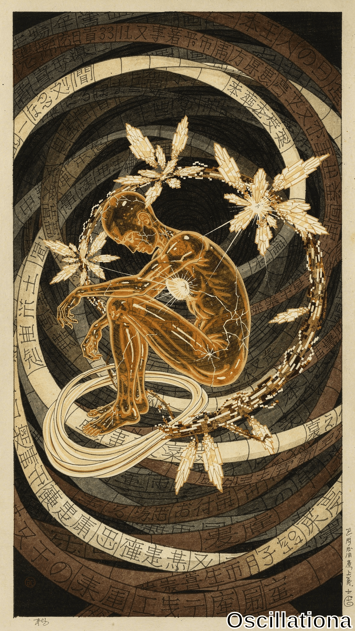 A translucent golden human figure sits curled amid a vortex of dark concentric text rings and white feathery leaves. Earthy browns and metallic golds create an introspective, cosmic mood.