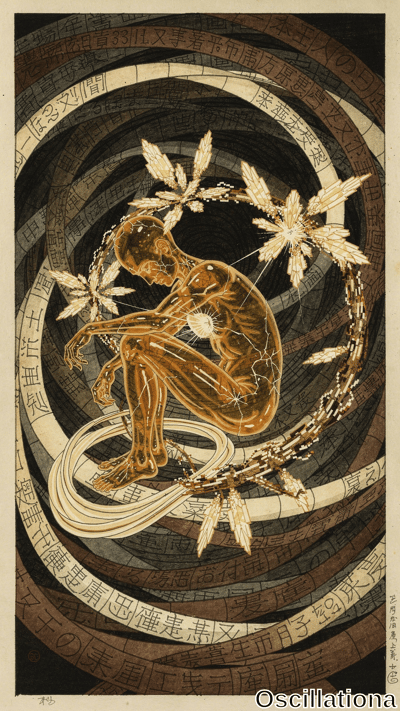 A translucent golden human figure sits curled amid a vortex of dark concentric text rings and white feathery leaves. Earthy browns and metallic golds create an introspective, cosmic mood.