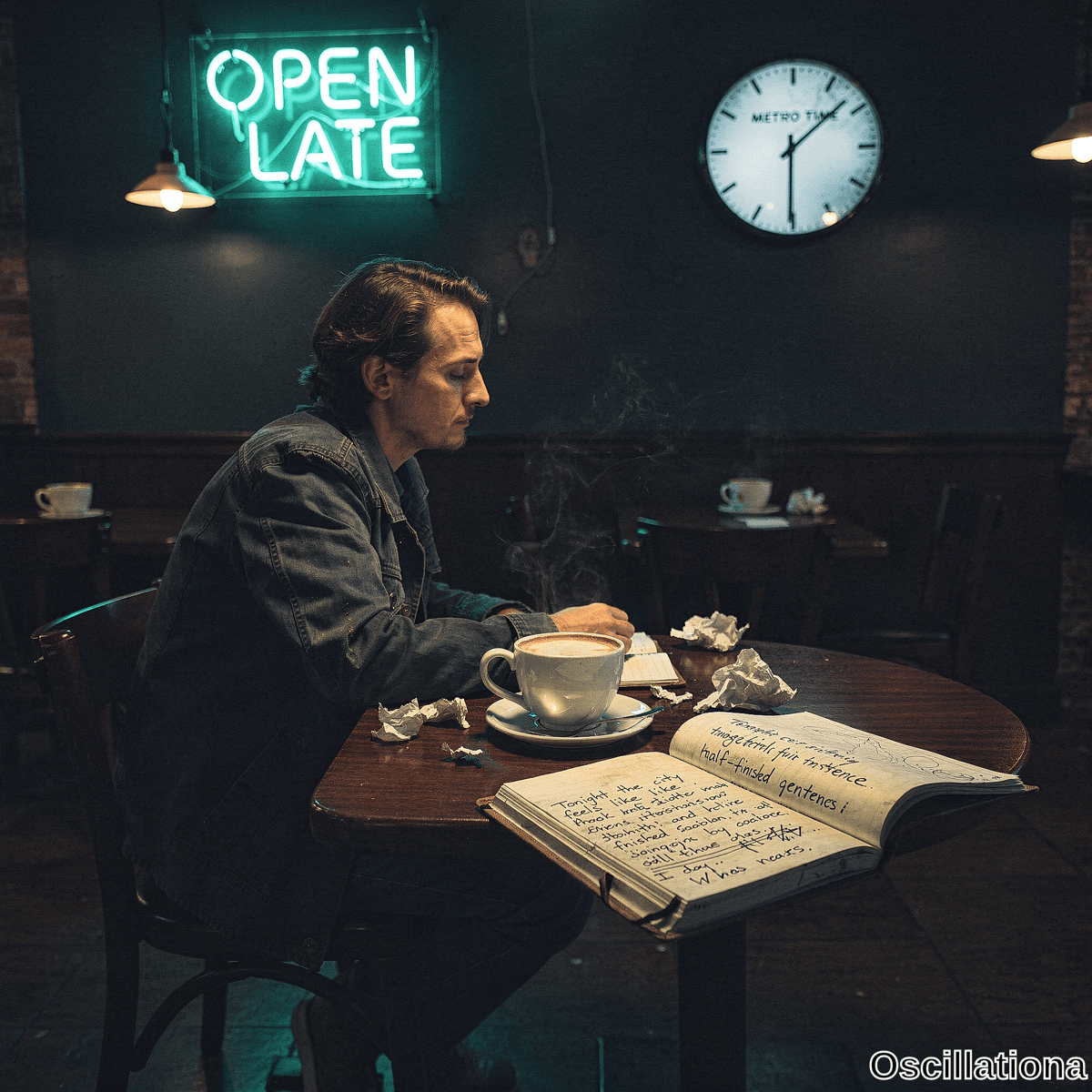 Moody scene in a dimly lit cafe at night where a middle-aged man in a denim jacket looks down at his open journal on the table with coffee and crumpled papers as the OPEN LATE neon glows. 
.