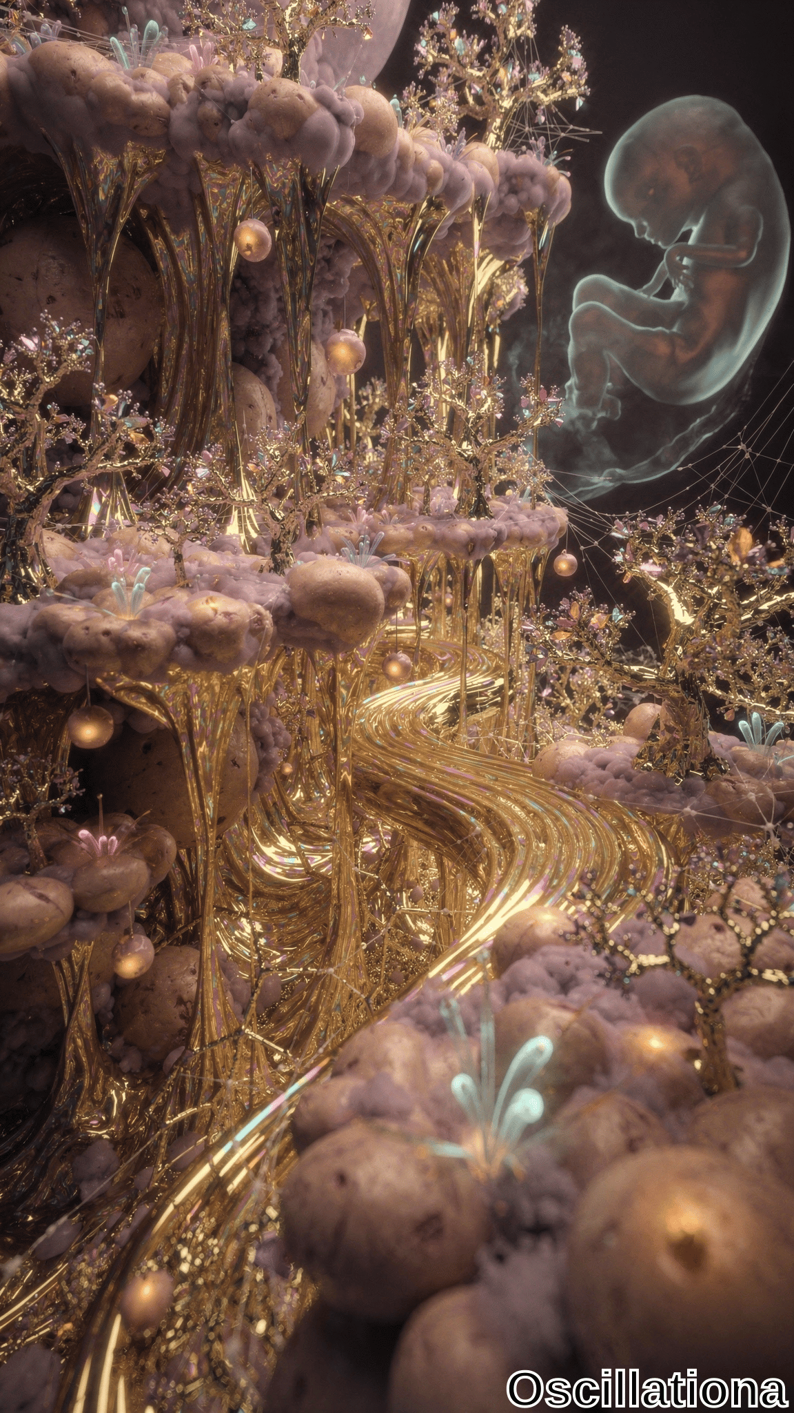 A surreal landscape with a golden, winding pathway resembling a river of light, surrounded by large, bulbous mushroom-like structures in beige and purple