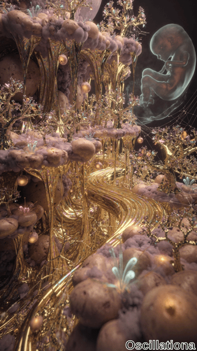 A surreal landscape with a golden, winding pathway resembling a river of light, surrounded by large, bulbous mushroom-like structures in beige and purple