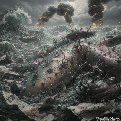 A surreal scene on a turbulent sea with a large, grotesque, spike-covered fleshy form partially submerged, surrounded by crashing waves and floating newspapers