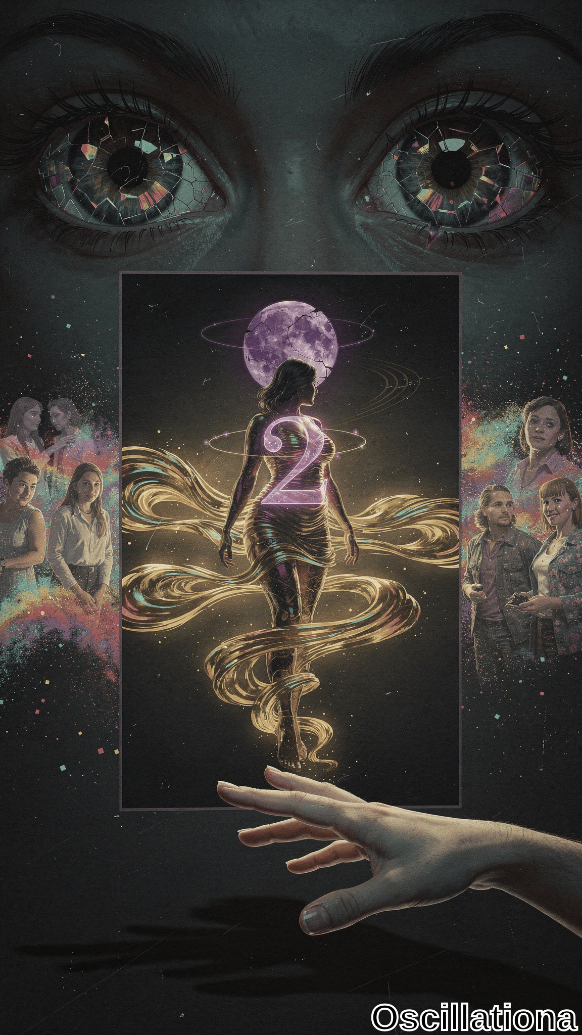 A woman stands with her back to the viewer beneath a luminous purple moon, her figure wrapped in flowing golden light trails and marked by a glowing numeral two. Giant cosmic eyes watch from a starry void while groups of onlookers frame the scene and a hand reaches upward from below.