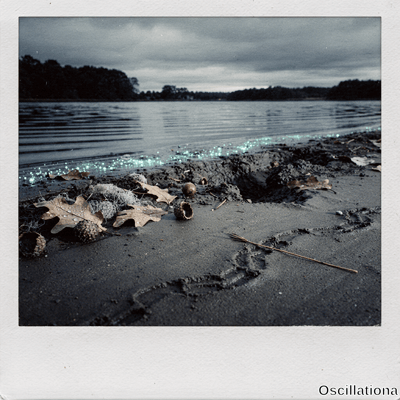 Moody lakeshore with dark sand and oak leaves, acorns, debris leading to cyan bioluminescent water edge under overcast sky with distant silhouettes.
.