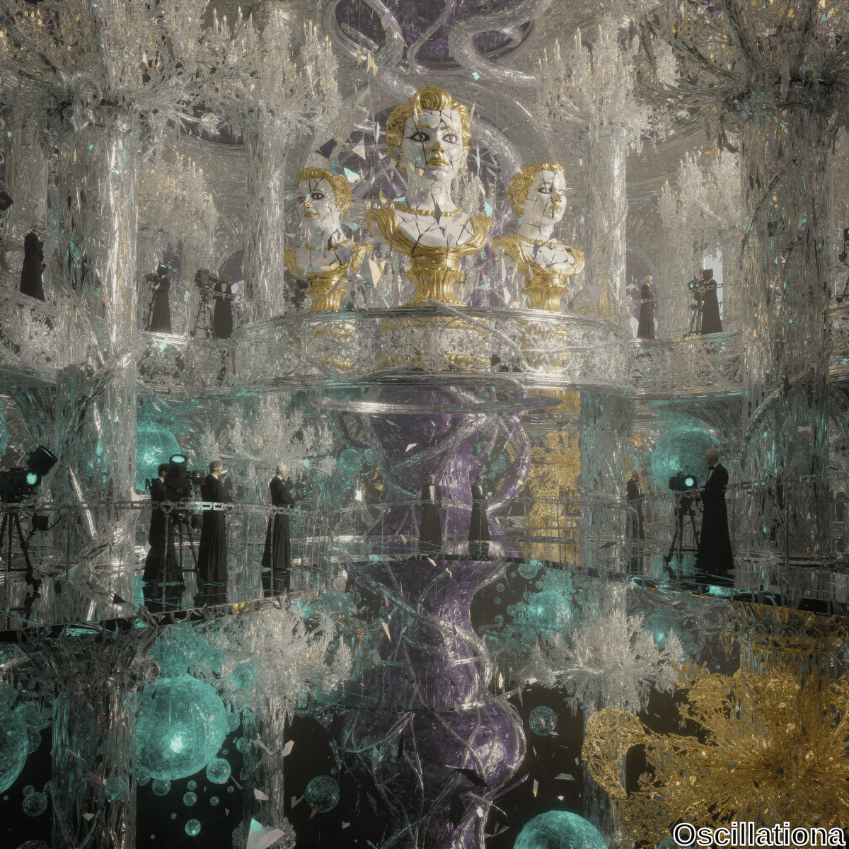 Three golden busts with cracked white faces on a pedestal in a grand, multi-level hall with reflective surfaces and crystalline structures