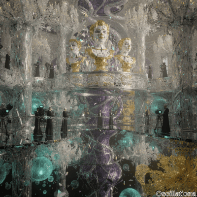 Three golden busts with cracked white faces on a pedestal in a grand, multi-level hall with reflective surfaces and crystalline structures