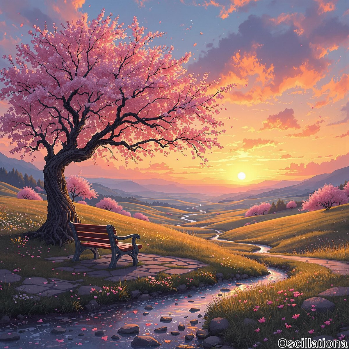 A serene sunset landscape with vibrant colors; a cherry blossom tree with pink flowers casts a gentle shadow over a red wooden bench, ideal for contemplation.