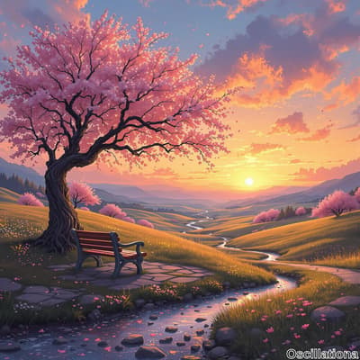A serene sunset landscape with vibrant colors; a cherry blossom tree with pink flowers casts a gentle shadow over a red wooden bench, ideal for contemplation.