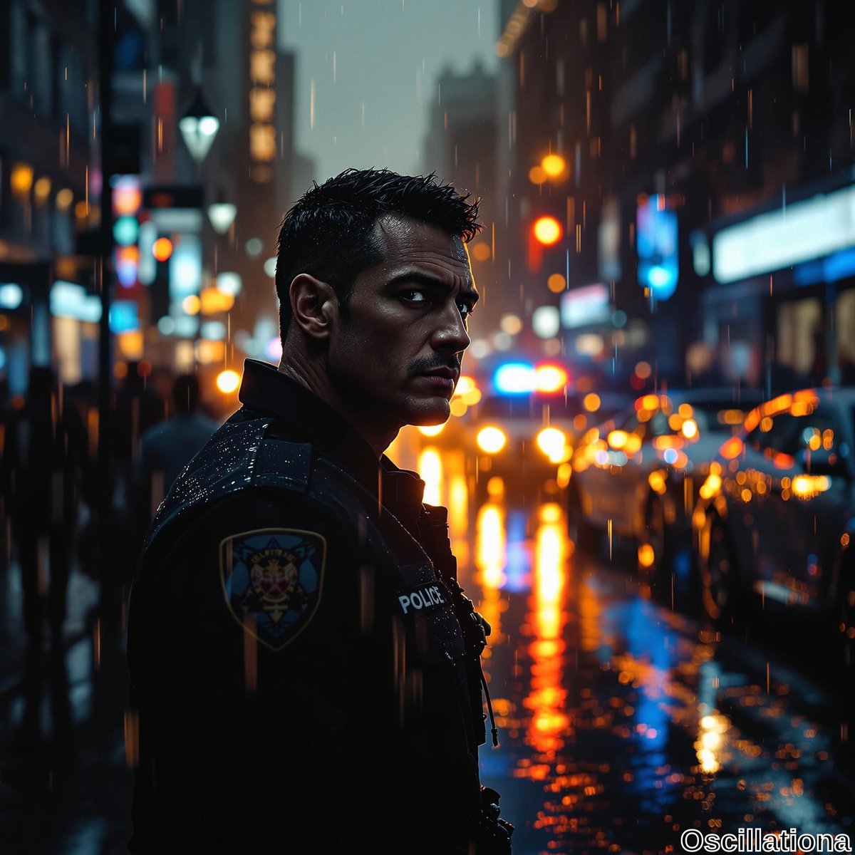 A police officer stands in a rainy urban night, wearing a uniform with a badge on the shoulder and "POLICE" on the chest.