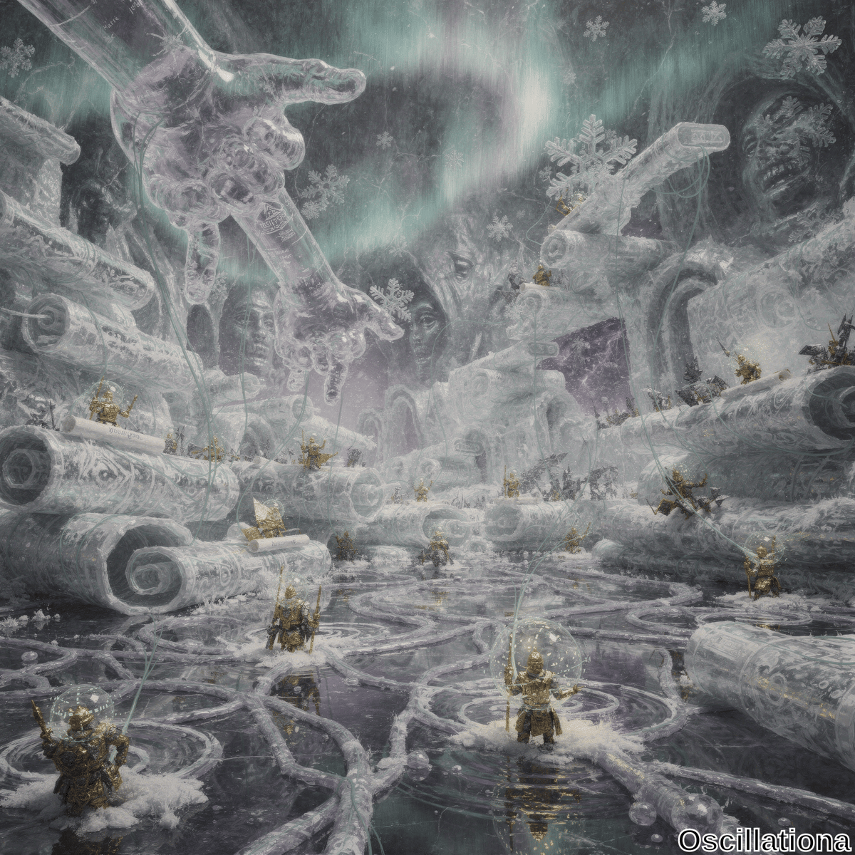 A fantastical icy landscape with surreal, mystical ambiance; large translucent ice structures resembling scrolls and cylinders dominate, with numerous small figures in golden armor scattered throughout, some standing on ice, others on floating platforms or in transparent bubbles