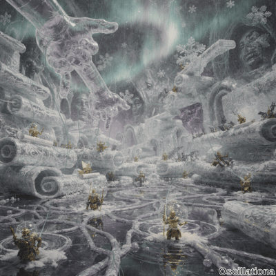 A fantastical icy landscape with surreal, mystical ambiance; large translucent ice structures resembling scrolls and cylinders dominate, with numerous small figures in golden armor scattered throughout, some standing on ice, others on floating platforms or in transparent bubbles