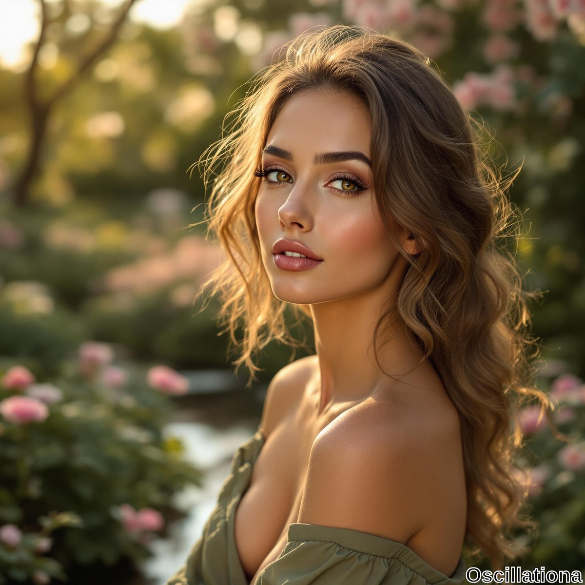 A young woman with voluminous wavy hair bathed in warm sunlight gazes softly at the camera, highlighting her defined cheekbones, full lips, and expressive, subtly shiny eyes.