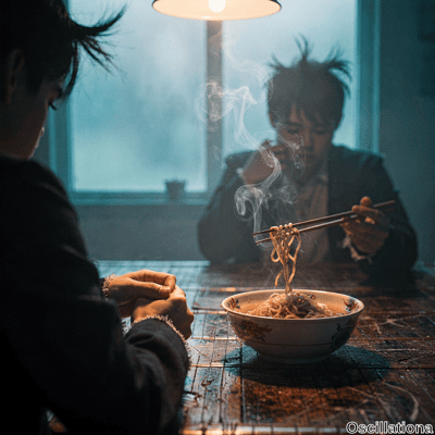 Dimly lit misty room with foggy blue-gray window and warm conical lamp glow. Rustic wooden table holds steaming ramen in floral bowl; hooded figure from behind faces suited man lifting noodles on chopsticks amid cyberpunk noir shadows.