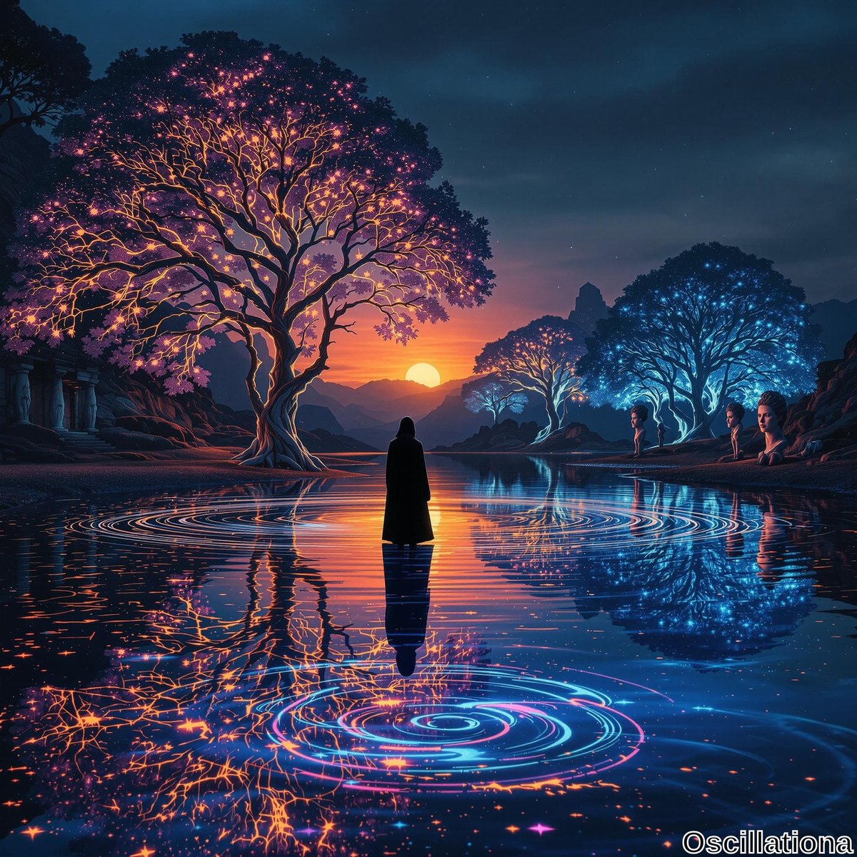 A silhouette in a dark cloak stands in calm water at twilight, facing a setting or rising sun.