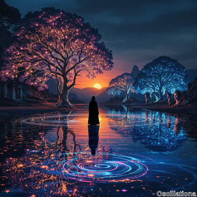 A silhouette in a dark cloak stands in calm water at twilight, facing a setting or rising sun.