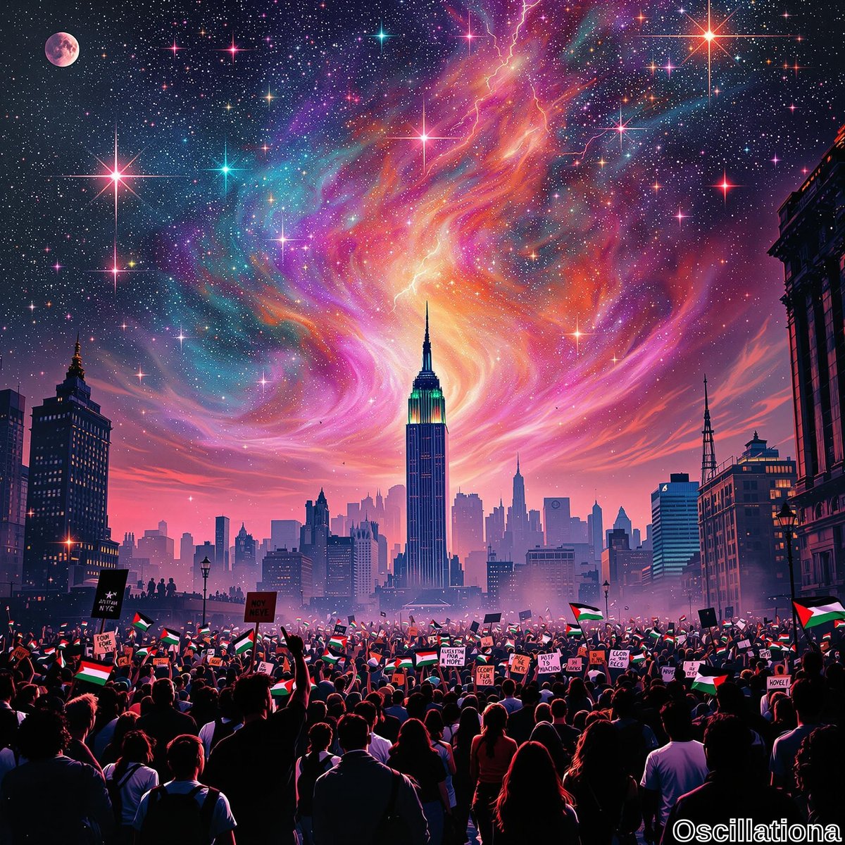 A surreal New York City skyline with the Empire State Building at its center, set against a vibrant sky of purples, pinks, and blues with cosmic swirls and stars