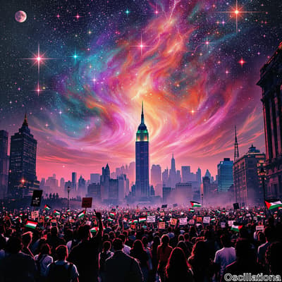 A surreal New York City skyline with the Empire State Building at its center, set against a vibrant sky of purples, pinks, and blues with cosmic swirls and stars