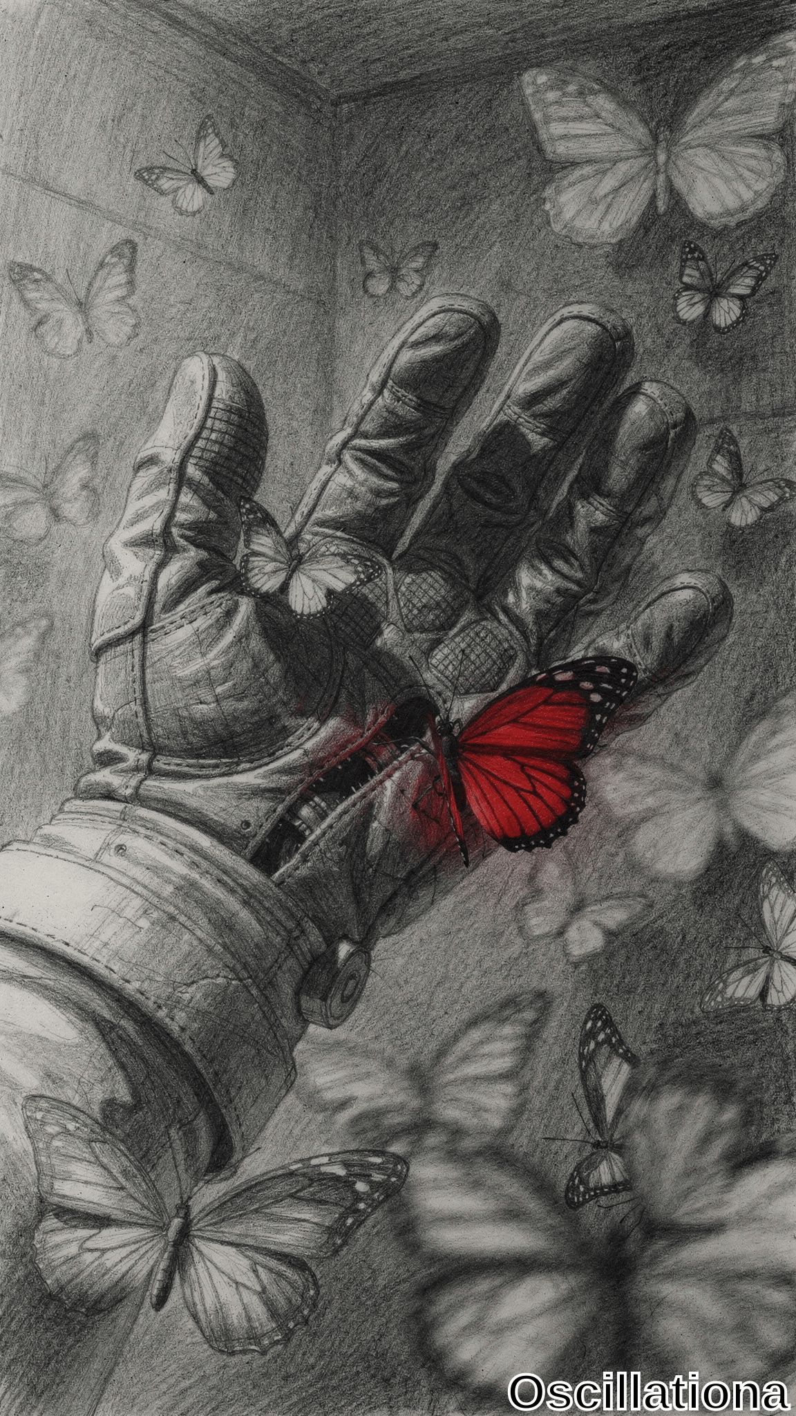Surreal pencil sketch of oversized textured gray astronaut glove hand extending palm-up from dim room corner, vibrant red butterfly perched on knuckles amid swarms of delicate gray and white butterflies on shadowed walls.