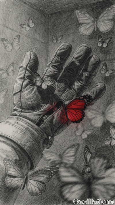 Surreal pencil sketch of oversized textured gray astronaut glove hand extending palm-up from dim room corner, vibrant red butterfly perched on knuckles amid swarms of delicate gray and white butterflies on shadowed walls.