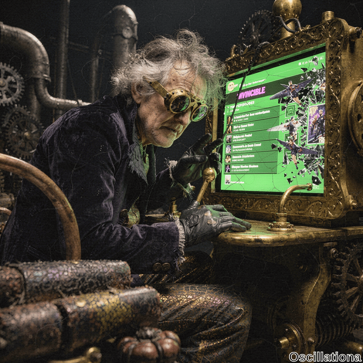 Dimly lit steampunk lab with brass gears, pipes, and Victorian machinery in bronze-gold-black tones. Elderly inventor with wild gray hair, furrowed brow, green-tinted goggles, purple velvet jacket, scaly pants,