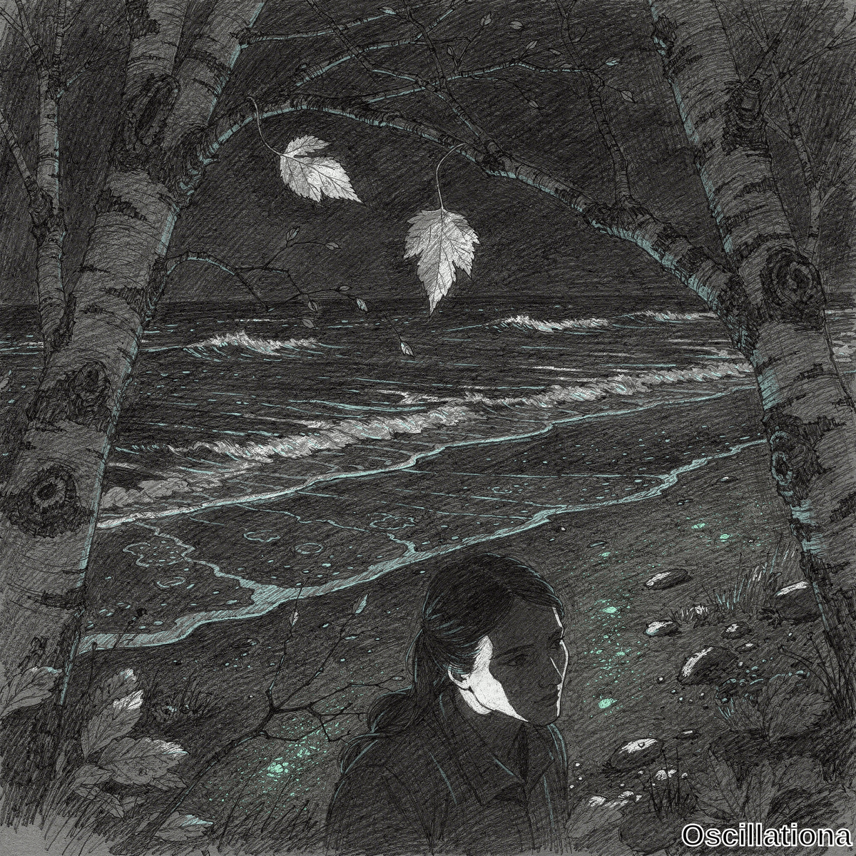 Haunting cross-hatched illustration of pensive young woman on rocky shore by turquoise ocean waves under birch trees with maple leaves and green glowing accents creating melancholic mystical mood. 
.