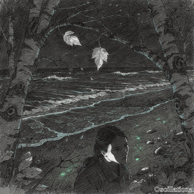 Haunting cross-hatched illustration of pensive young woman on rocky shore by turquoise ocean waves under birch trees with maple leaves and green glowing accents creating melancholic mystical mood. 
.