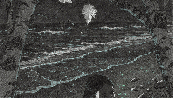 Haunting cross-hatched illustration of pensive young woman on rocky shore by turquoise ocean waves under birch trees with maple leaves and green glowing accents creating melancholic mystical mood. 
.