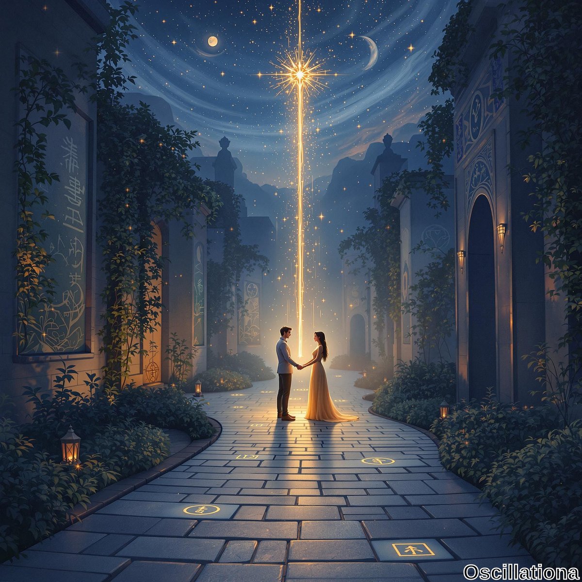 A romantic scene on a narrow cobblestone path lined with tall, ornate buildings covered in lush greenery, lit by soft glowing lanterns.
