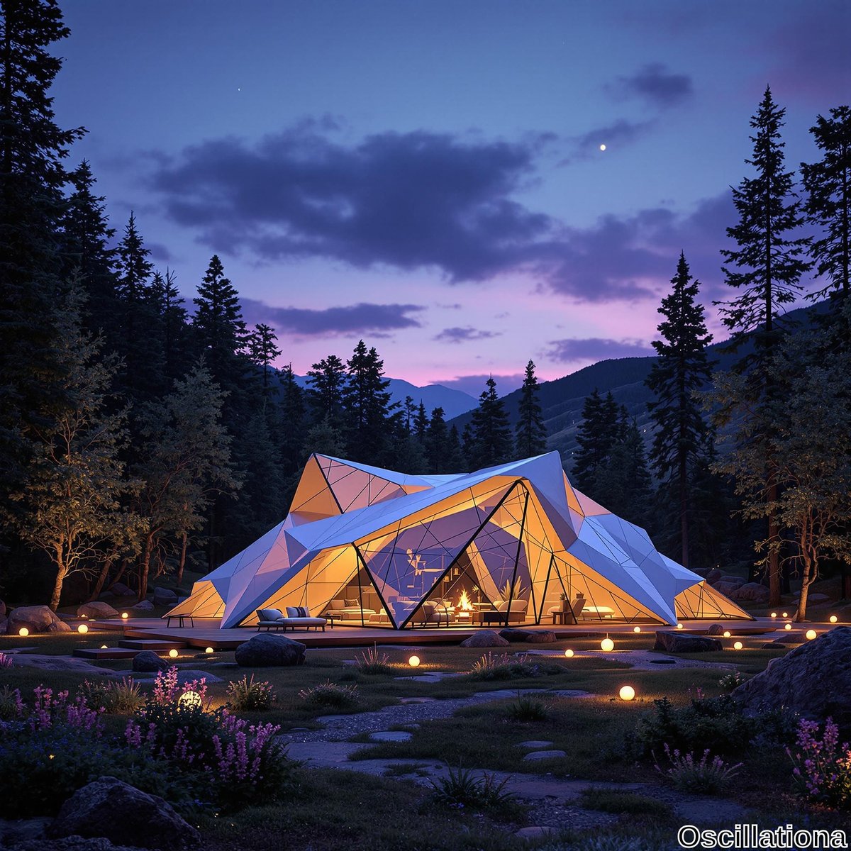 A modern, geometric structure with angular, white triangular facets and large glass panels, resembling a tent, warmly lit inside, set amidst tall pine trees in a serene forest.